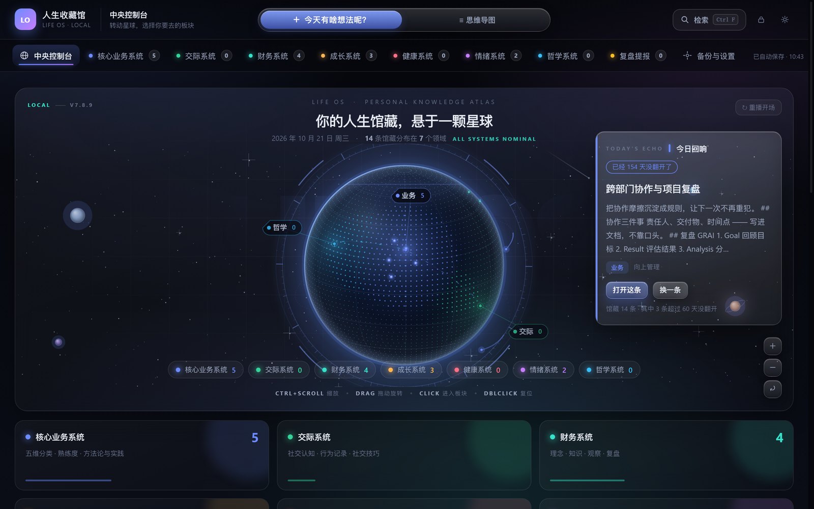 Life OS 控制台：人生收藏馆总览，七大系统数据、影像画廊与本周提报一屏可见